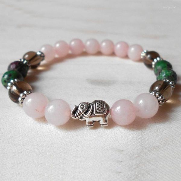 Bracelets de charme rosa quartzs feitos à mão Pulseira Mulher, cura de pedra Pulseira de energia rosa Pingente de elefante pingente presente