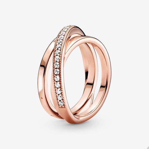 Crossover Pave Triple Ring für Pandora 18K Roségold Hochzeit Party Schmuck Designer Ringe für Damen Herren Kristall Diamant Paar Luxus Ring mit Originalverpackung
