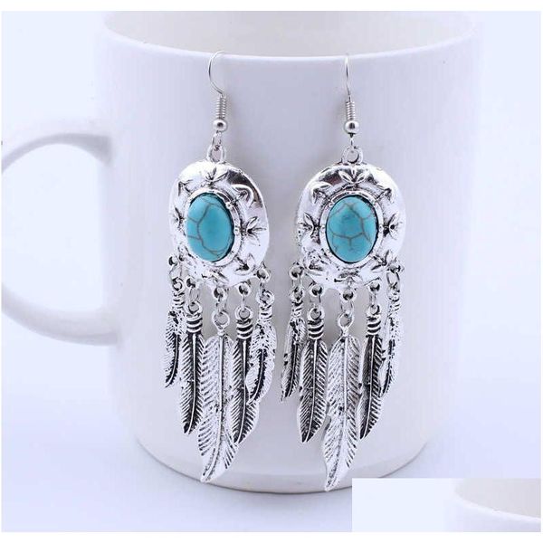 Charm Womens Feather Nappa Tibetano Sier Turquoise Orecchini Gstqe038 Fashion Gift National Style Women Fai da te Orecchino Drop Delivery Jewe Dhda2