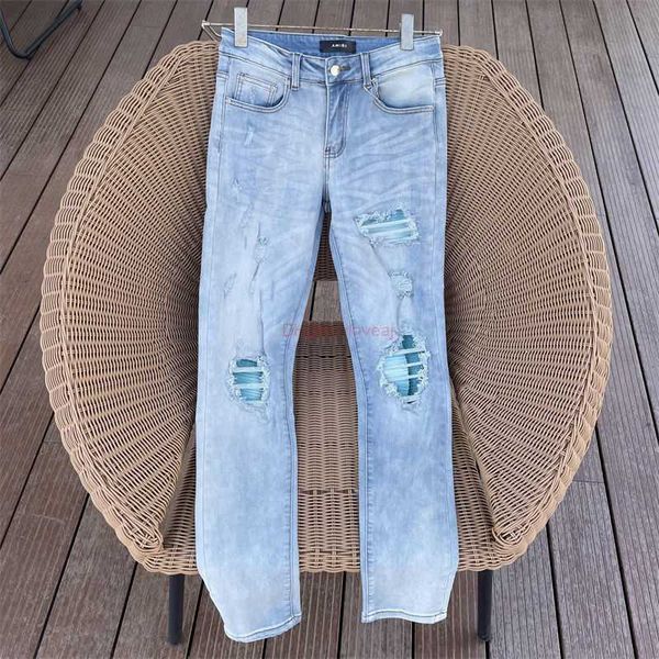 Designerkleidung Amires Jeans Denim-Hosen Amies New 22ss Broken Blue Patchwork Mx2 High Street Knife Cut Slim Fit Kleine Füße Hübsche Jeans Distressed Ripped Skinny