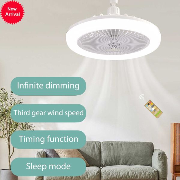 Nuovo ventilatore da soffitto da 30 W con lampada E27 Base del convertitore Ventola di raffreddamento silenziosa Luce Telecomando Lampadari domestici Ventilatore a 3 velocità per camera da letto