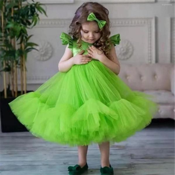 Mädchen Kleider Elegante grüne O-Ausschnitt Blume für Hochzeit Prinzessin Tüll Flügelärmel Geburtstagsfeier Puffy Erstkommunion Kleider