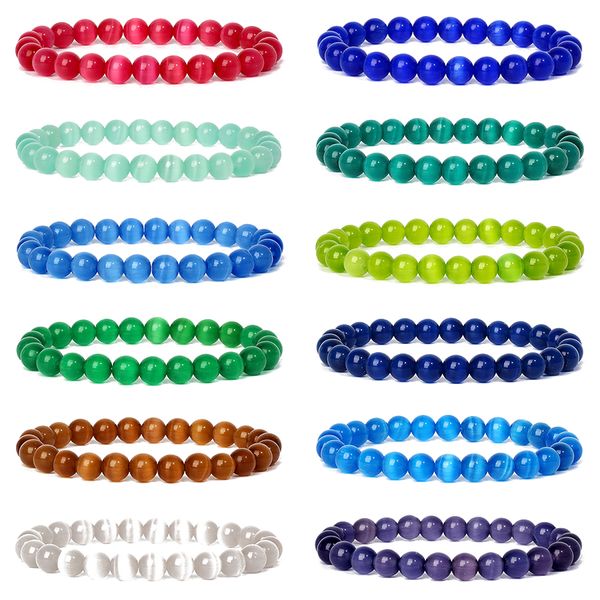 Nature 8mm Cat Stone Opal Bracelet Pink Blue redonda Minchas elásticas Reiki Jóias de pulseira para homens