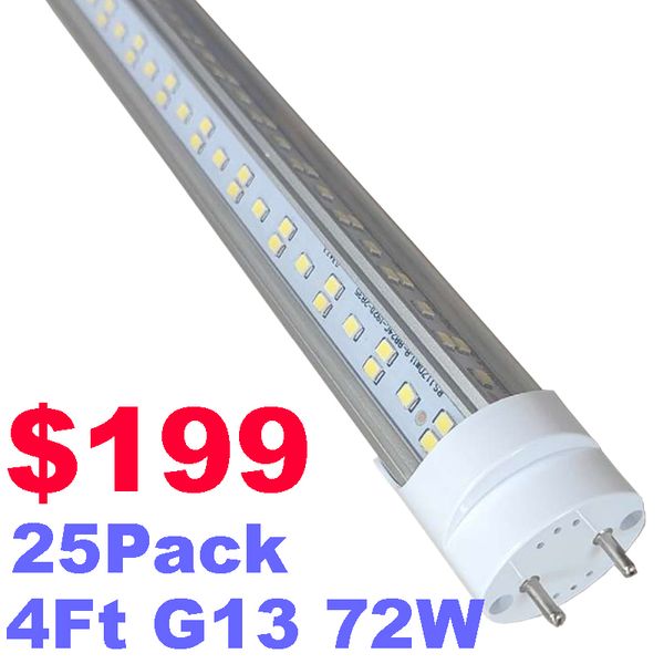 Светодиодные лампочки T8 LED TUBE 4FT, 72W 7200LM 6000K Прохладный белый свет, T8 T10 T12 Флуоресцентные лампочки 4 фута, высокая мощность, Bi-Pin G13 Base, Dual-End Powered Crestech