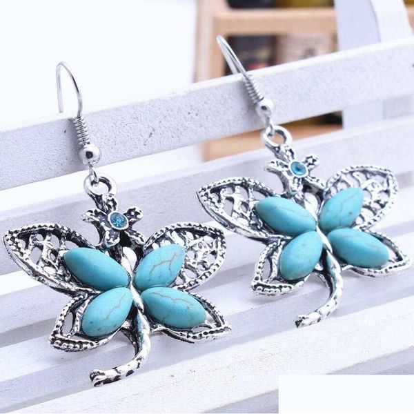 Charm Damen Kleiner Schmetterling Tibetischer Silber Türkis Ohrringe GSTQE088 Mode Geschenk Nationaler Stil Frauen DIY Ohrring Tropfen Lieferung Jude Dhuwc