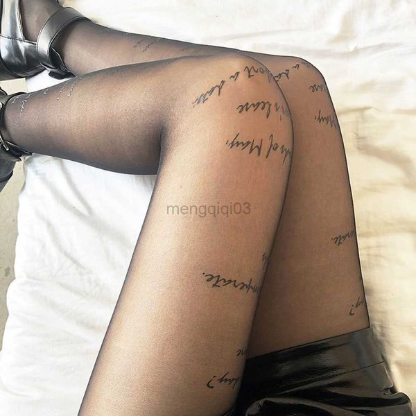 Носки чулотые черные нейлон прозрачные колготки с надписями буквы с рисунком татуировки трусики женщина сексуальные тонкие колготки против крючков подарки Y23