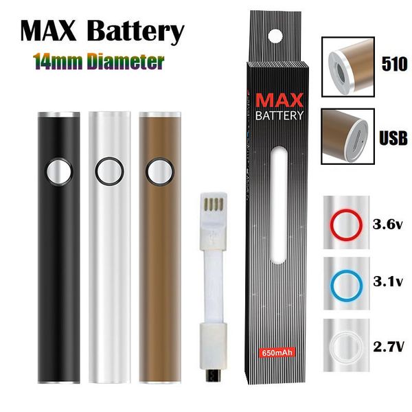 Bateria máxima original 14 mm de diâmetro cartucho baterias 650 mAh pré-aquecimento tensão variável VV Vape Pen para 510 carrinhos com passagem USB