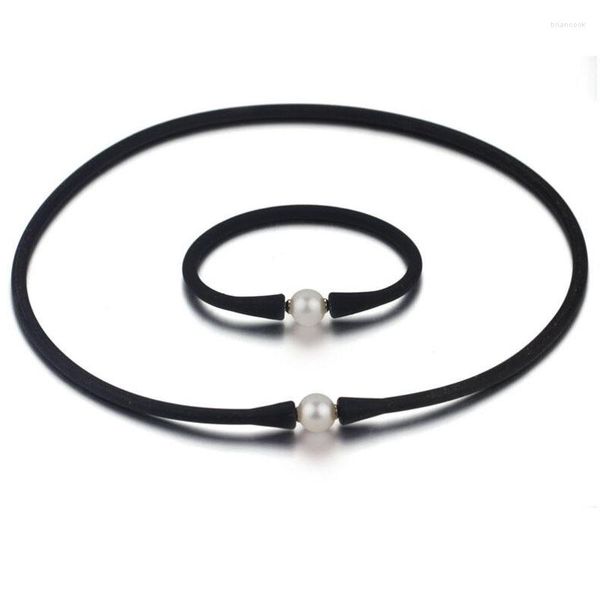 Brincos de colar Conjunto por atacado 20 polegadas 11-12mm Silicone de borracha preta redonda de pérolas redondas e 7,5 jóias de pulseira
