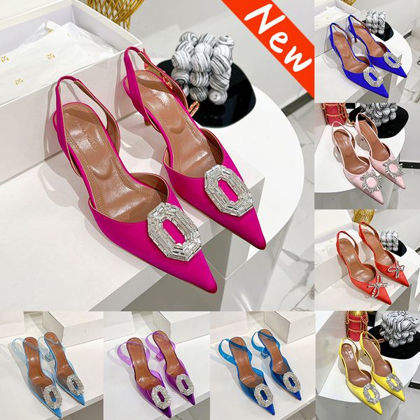 Kutu ile Amina Muaddi bayan elbise ayakkabı Camelia Glass Begum Rosie silk Sling 90 stilettos topuklu açık pembe kraliyet mavisi yüksek topuk 9.5cm lüks düğün ayakkabısı