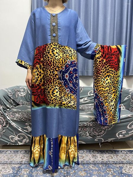 Etnik Giyim 2023 Afrika Kadınlar Dashiki Demin Kumaş Elbisesi Eşarplar Maxi Lady Robe Gevşek Uzun Kollu Kaftan Vestidos İslami