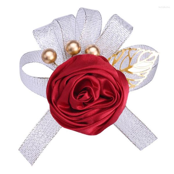 Dekorative Blumen Weinrot Bräutigam Braut Corsage Handgefertigte Hochzeitsaccessoires Goldenes Blatt Mode Pin Broschen Herren Business Boutonniere