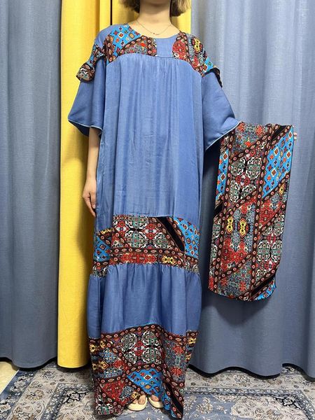 Ethnische Kleidung Muslim Abayas für Frauen 2023 Denim Blue Floral Baumwolle Afrikanische Kleider Lose Fit Femme Robe Neuheit Halbe Hülse mit