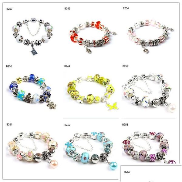 Charm Armbänder Schneeflocke Schmetterling Tibetan Silber Glasperlen Armband Mode Damen DIY Europäische 6 Stück Viel gemischter Stil Drop De Dhxru