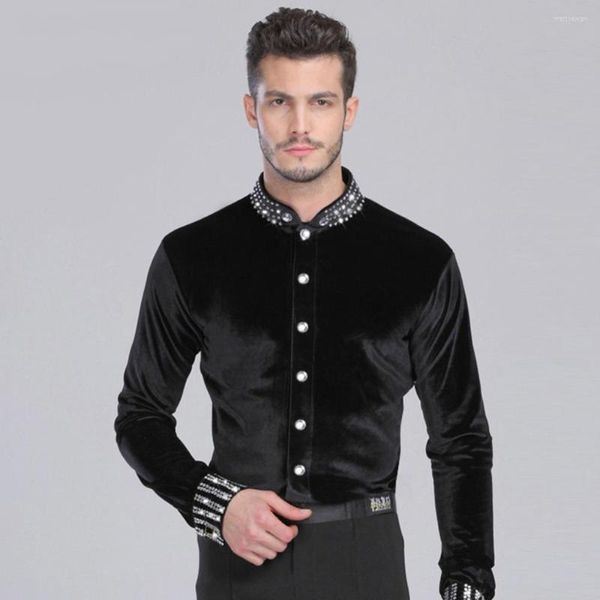 Bühnenkleidung für Herren, Ballsaal-Tanz-Shirt, schwarzes Spandex-Latein-Top, Samt-Diamant, für Cha Cha/Rumba/Samba/Tango/Jazz/Walzer