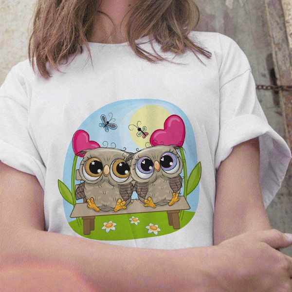 T-shirt Harajuku Kaii Owl Cartoon anni '90 T-shirt manica corta casual bianca estiva da donna P230523