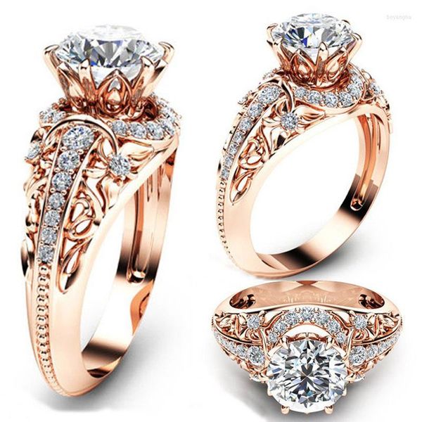 Cluster Rings Real 14K Rose Gold Microintarsiato 1 Diamond Ring Donna White Topaz Gemstone Anelli Bizuteria Sparkling Dainty Box