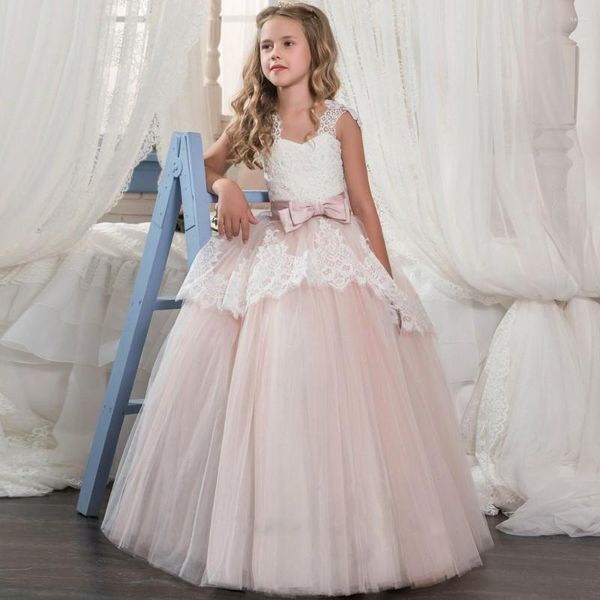 Mädchen Kleider Formal Rosa Weiß Schärpe Spitze Blume Kinder Flügelärmeln Für Party Hochzeit Prinzessin Ballkleid Erstkommunion Kleid