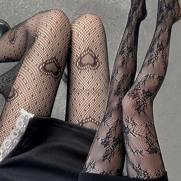 Meias meias de meias longas e sexy femininas de fishnet meias de meia -calça de meia -calça de nylon com estampa de coração impressão de coração Sexy malha gótica