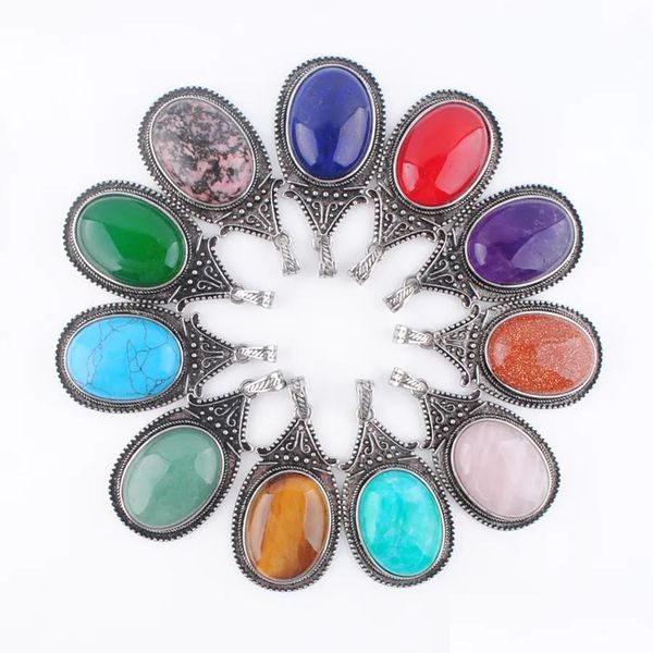 Anhänger Halsketten Vintage-Schmuck Pendum Anhänger Natürliche ovale Steinperlen Achate Opal Amethysts Jade Retro Antike Silber für Frauen Dhjba