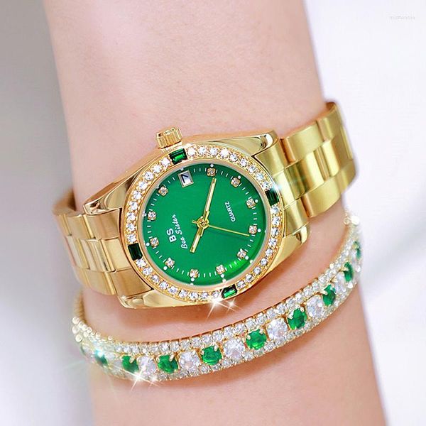 Avanadores de pulso BS Women Women Womens Gold Aço inoxidável Vista para Dial Green Crystal Diamond Feminino Quartz