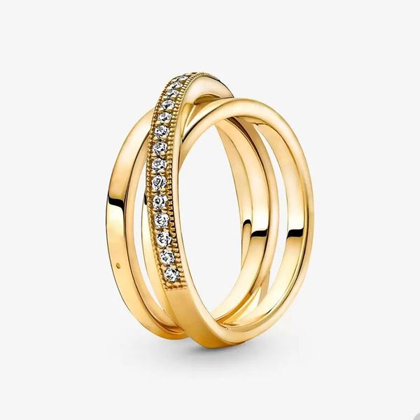 Goldener Crossover-Pave-Triple-Band-Ring für Pandora-Kristall-Diamant-Eheringe, Designer-Schmuck für Damen, Herren, Freundin, luxuriöser Goldring mit Originalverpackung