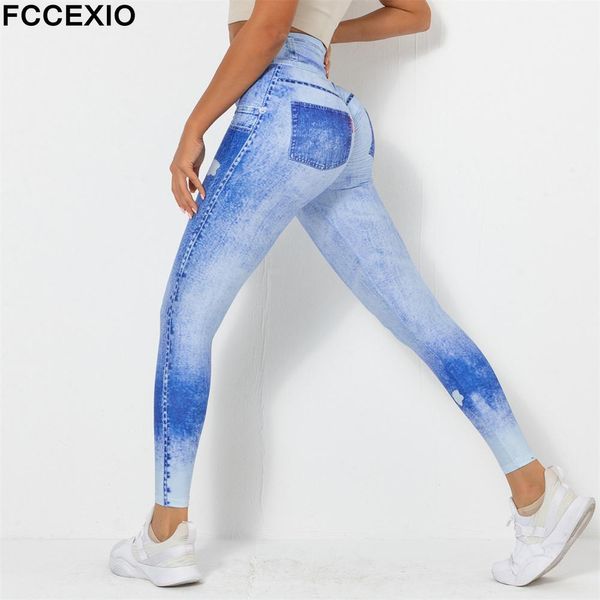 Leggings fccexio jeans de jeans de jeans feminina perneiras de cintura alta