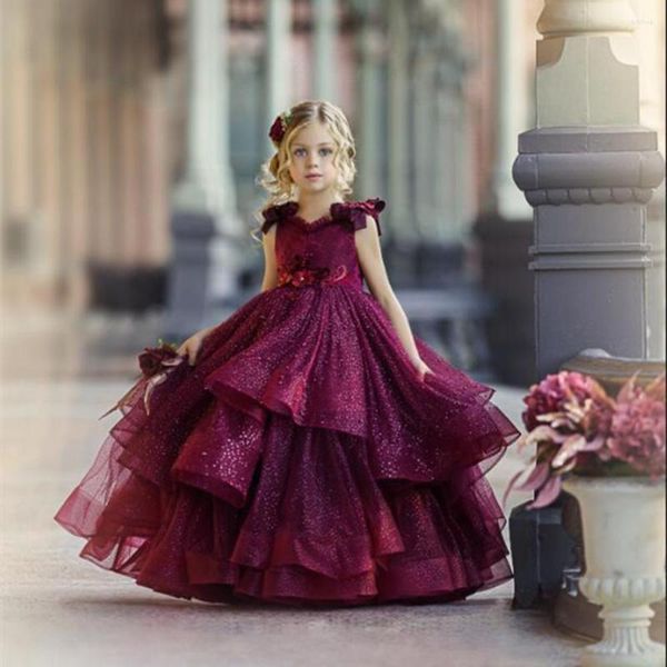 Abiti da ragazza Fiore bordeaux per matrimonio Pizzo Perline 3D Appliqued floreale Bambine Spettacolo Abiti da festa Abiti da principessa