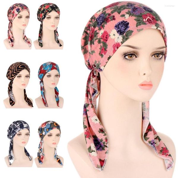 Abbigliamento etnico Stampa floreale africana Berretto chemio pre-legato Donna Hijab musulmano Turbante Coda lunga Sciarpa avvolgente Cofano Cappello Perdita di capelli Copricapo