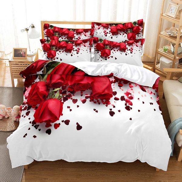 Bedding Sets 3D Flor Flor Dia dos Namorados Conjunto de Casamento de Luxo Rose Heart Love Duvet Capa de travesseiro grande 2/3 peças personalizadas 230524