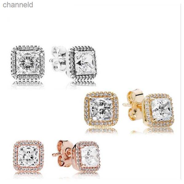 Стад 925 Серебряный серебряный квадрат Big Cz Diamond Serging Fit Pandora Jewelry Gold Rose Gold Serging Серьги Женщины L230518