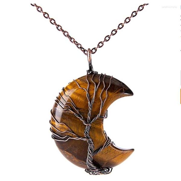 Collane con ciondolo FYSL Filo di rame antico Avvolgere Crescent Moon Tiger Eye Collana con catena a maglie in pietra Opalite Opal Jewelry