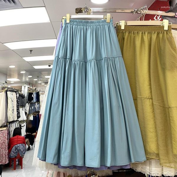 Röcke Koreanische Mode Einfarbig A-linie Rock Frau Elastische Hohe Taille Gefaltete Midi Weibliche Casual Kleidung Frauen Drop