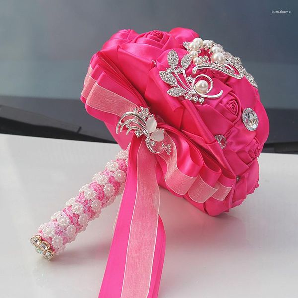 Flores decorativas est Fushia Rhinestone Bridal Bouquet Damas de Hinngia para decoração de casamento