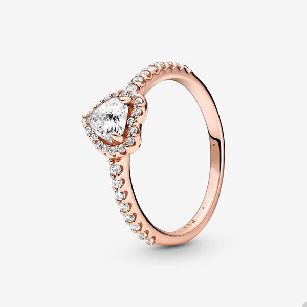 Funkelnder erhöhter Herzring für Pandora, 18 Karat Roségold, Hochzeitsschmuck, Designer-Ringe für Frauen, Grils-Herz-Kristall-Diamant-Liebesring mit Original-Box-Set