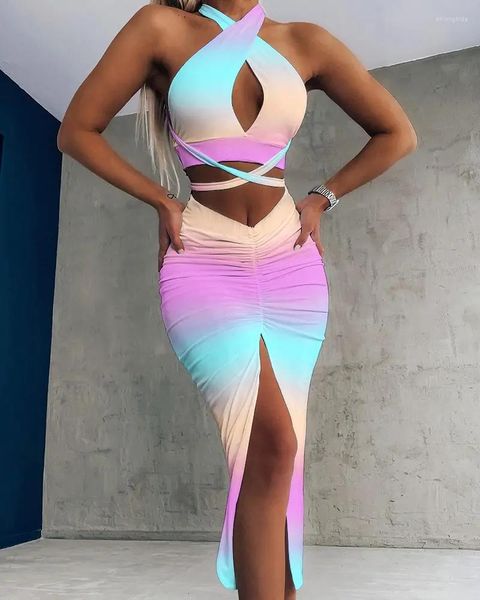 Abiti da lavoro 2023 Summer Woman Halter Cutout Crop Top senza maniche increspato con spacco sexy gonna da vacanza skinny