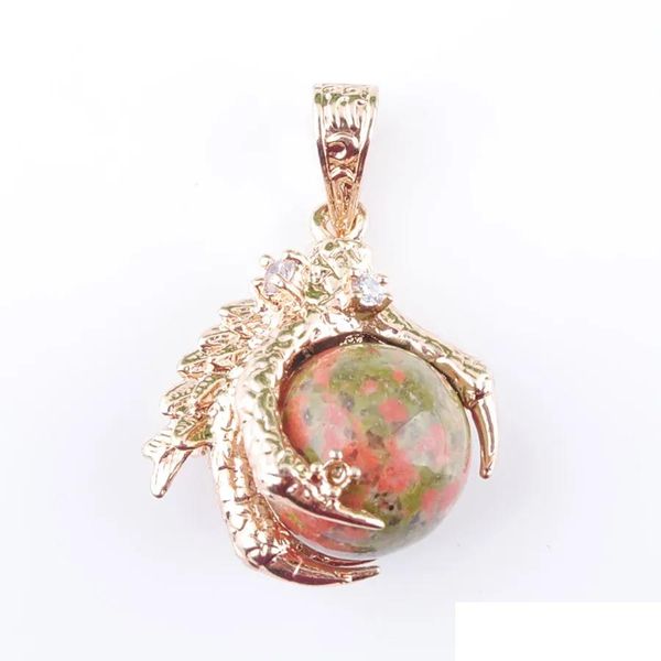 Collane a ciondolo pendenti animali pietra naturale unakite jasper gem fascino amet a sfera tondo drago artiglio cristallo reiki chakra bead gioiello dhl0v