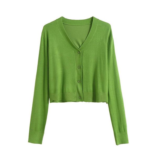 Maglieria da donna T-shirt Cardigan casual Maglione lavorato a maglia da donna Primavera estate coreana 2023 Scollo a V verde Maglieria corta sottile Protezione solare Top