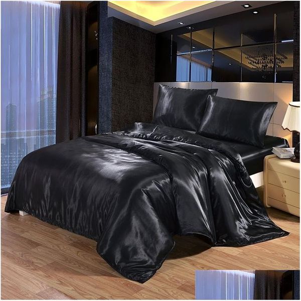 Set di biancheria da letto Set 4 pezzi Luxury Satin Silk Queen King Size Letto trapunta trapunta piumino Er lenzuolo piatto e con angoli 201210 Drop Dhr0D