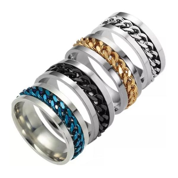 Ringas de banda 5Colors Mens aço inoxidável dourado preto Cadeia de corrente rotativa Ring tow Tide Personalidade Drop Delivery Jóias Dhskg