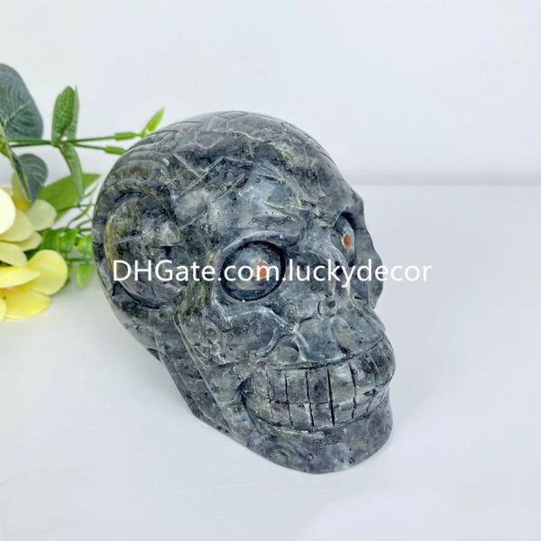 Большой хрустальный череп с ларвикитом с глазами и зрачками скульптура красивая роскошная натуральная вулканическая скала магматическая лава для головы резина