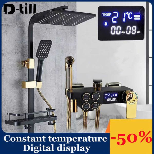 Badezimmer-Duschsets D-Till Duscharmaturen Set Thermostat Messing SPA System Regen Wasserfall Mixer Digitalanzeige Schwarz Edelstahl Spray Gold G230525