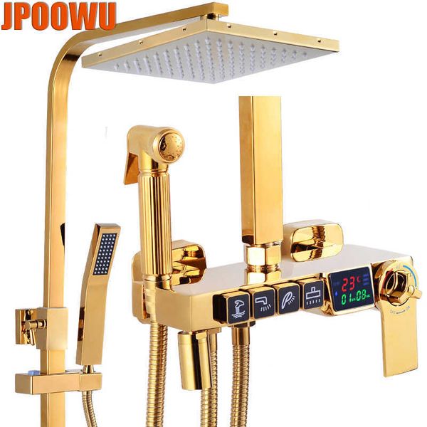 Bathroom chuveiro conjunto de torneira de chuveiro digital dourado conjunto de banheiro quente misturador frio quente sistema de chuveiro termostático Montagem de parede Spa Banho de chuva Tap Torneira G230525