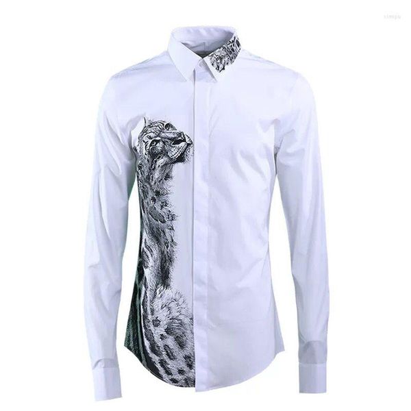 Camisas casuais masculinas Men camisa de manga longa Primavera e outono pintando leopardo tendência branca tendência bonita moda masculina roupas masculinas