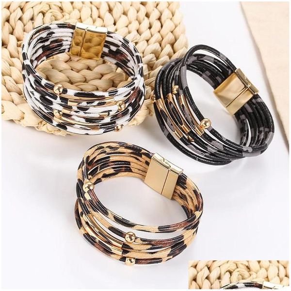 Braccialetti con ciondoli Pelle di leopardo boemo per donna Uomo Braccialetti alla moda Braccialetti Eleganti fatti a mano Mtilayer Wrap Wide Wristband Drop De Dhbwj