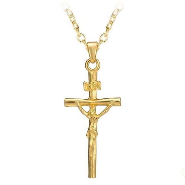 Anhänger Halsketten Hohe Qualität Niedriger Preis Goldfarbe Jesus Kreuz Halskette Religiöser Schmuck Kruzifix Statement Jewerly Weihnachtstropfen Dhfvg