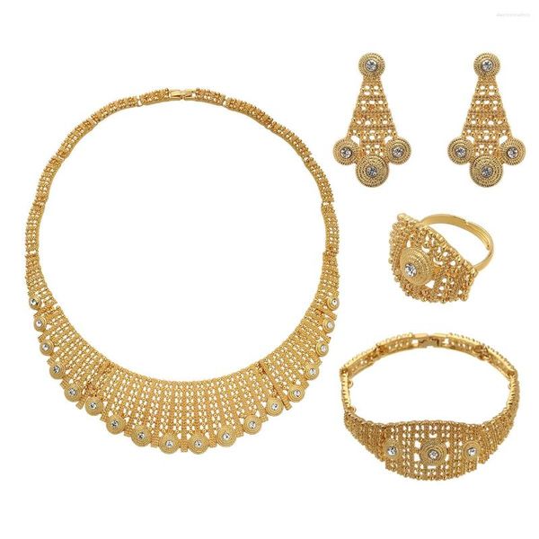 Halskette Ohrringe Set Erstaunlicher afrikanischer Brautring in Goldfarbe, Hochzeitskristall, Damenmodeschmuck