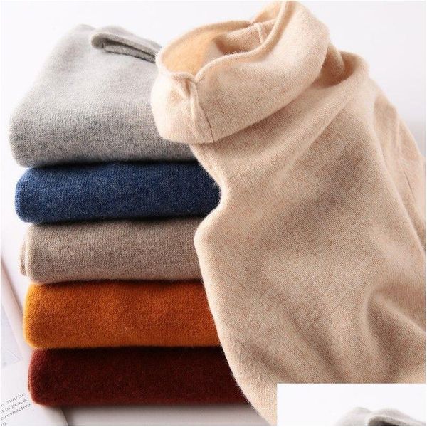 Os suéteres femininos caem 100% pura de cashmere Wool Women Sweater Roupos de inverno Roupas Mulher Manga Longa Cloneca de gola alta Kn Dhggp