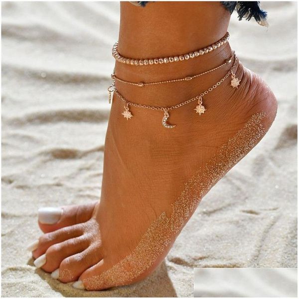 Cavigliere Boho Style Star Moon Cavigliera Moda Mtilayer Foot Chain Braccialetto alla caviglia per le donne Accessori da spiaggia Regalo Drop Delivery Jewelry Dhaib