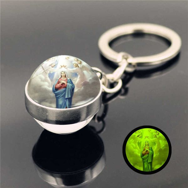 Anéis -chave Virgin Mary Luminous Pingente de vidro de vidro de dupla face Metal Luxury Marca Keychain G230525