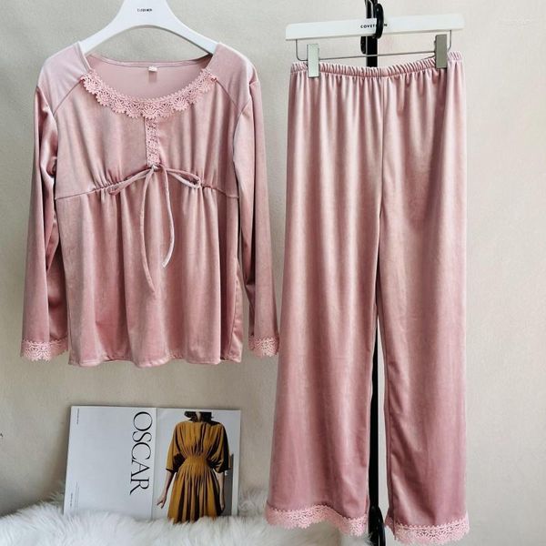 Kadınların Pijama Kış Sıcak Velvet 2pcs Pijama Set Yuvarlak Boyun Giymeni Kadınlar İçin Dantel Yakası Ev Kıyafetleri Bol Loungewear Lingerie